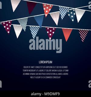 Garland flags Vector Three rows of bright vintage garland with triangular flags with different patterns are hanging against a dark blue background Stock Vector