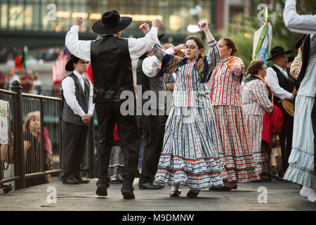 Traditional Portuguese folk dancers at a summer festival in Waterplace Park in Providence, Rhode Island. Stock Photo