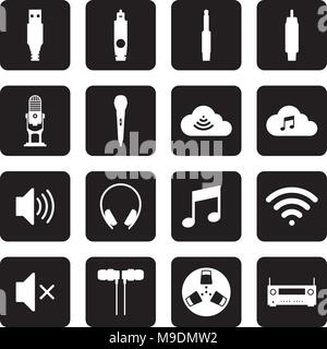 Set of audio equipment and accessories. White icons on black background Stock Vector