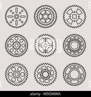 Set of gear wheels with different sizes. Thin line vector Stock Vector