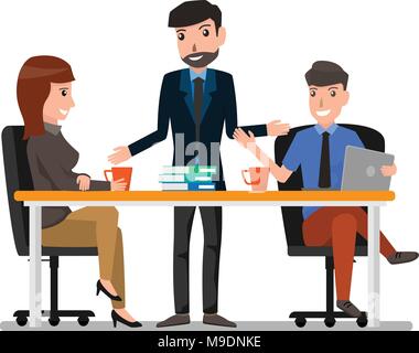 Teamwork and communication between co-workers, friendly environment for productivity and creativity. business man and woman working in office. cartoon Stock Vector