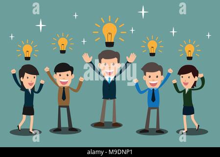 Happy and successful business, business team holding hand and raising hands with idea on head, business concept in teamwork and cooperation. vector il Stock Vector