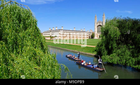 Students Punting on River Cam past Kings College Chapel & Clare College Cambridge