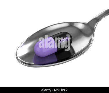 3d render of HMB pills on spoon isolated over white background. Sport supplement concept. Stock Photo