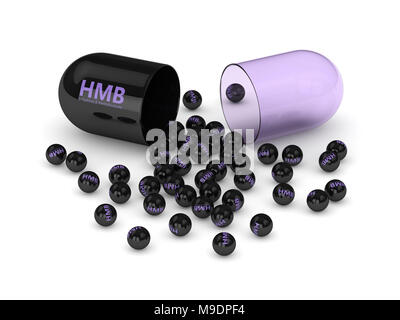 3d render of HMB pill with granules over white background. Sport supplement concept. Stock Photo