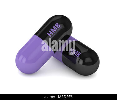 3d render of HMB pills over white background. Sport supplement concept. Stock Photo