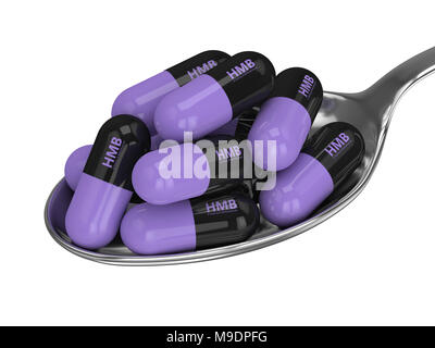 3d render of HMB pills on spoon isolated over white background. Sport supplement concept. Stock Photo