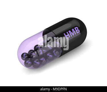 3d render of HMB pill with granules over white background. Sport supplement concept. Stock Photo