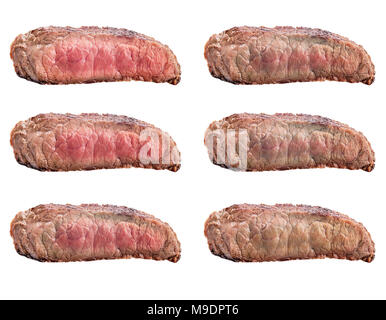 Raw steaks frying degrees: rare, blue, medium, medium rare, medium well, well done  isolated on white background with clipping path Stock Photo