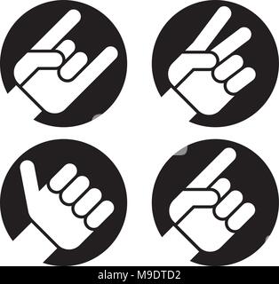 Set of four flat hand gesture vector icons of hands making classic recognizable signs. Includes Sign of the Horns, Peace Sign, Thumbs Up and Pointing. Stock Vector