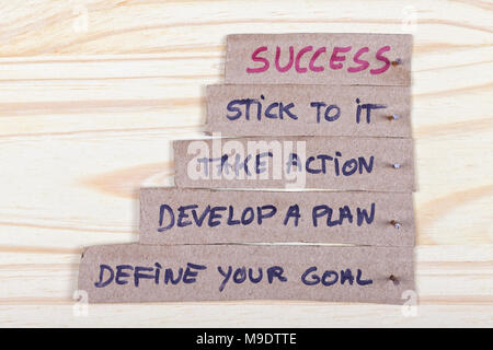 The keys to success with your plans written on pieces of cardboard nailed with tips to the wooden floor. Stock Photo