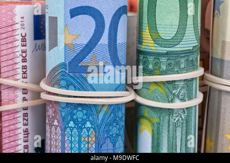 The euro bills most used by Europeans are those of 5 10 20 50 and 100. Stock Photo