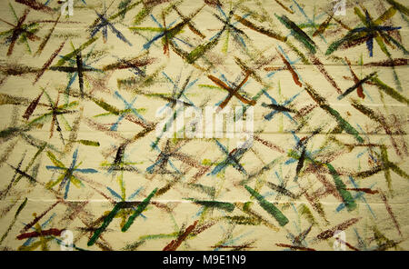 Dark abstract wood panel background with dark red, green and blue paint strokes Stock Photo
