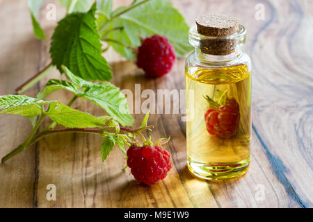 Fresh raspberries with a bottle of raspberry seed oil on a table Stock Photo