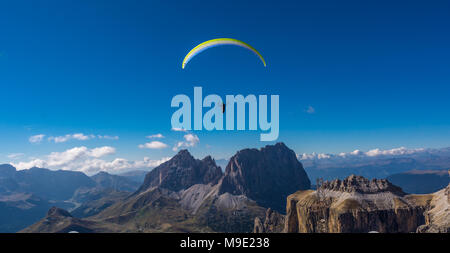 Paragliders, paragliding above Sella group, Sella Towers and Piz Boe, Dolomite, Val di Fassa, Trentino Province, Italy Stock Photo