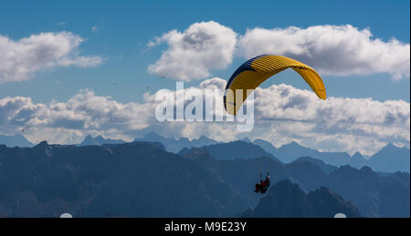 Paragliders, paragliding above Sella group, Sella Towers and Piz Boe, Dolomite, Val di Fassa, Trentino Province, Italy Stock Photo