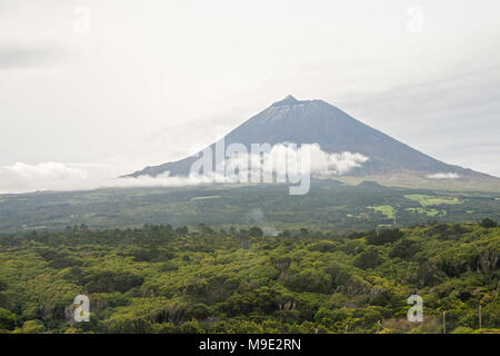 Aerial view from the plane to Mount Pico, Pico Island, Azores Stock Photo