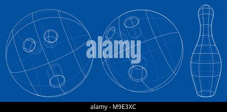 Bowling skittles and ball outline. Vector Stock Vector