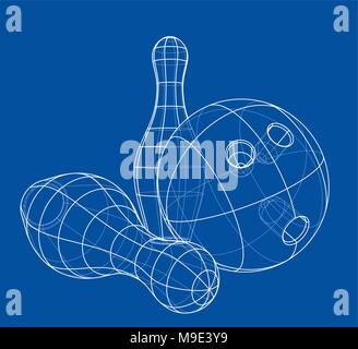 Bowling skittles and ball outline. Vector Stock Vector