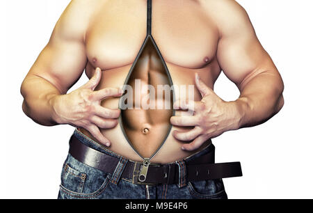 The belly of a fat man transform into a strong abs. Isolated on white background Stock Photo