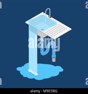 kitchen sink is clogged. Leakage canalization. Litter in pipe. Isometry style Stock Vector