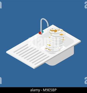 Kitchen sink and lot of dirty dishes. Isometric style vector illustration Stock Vector
