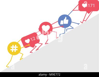Smm promotion and marketing - hashtags icon, likes and rating symbols supporting each other Stock Vector
