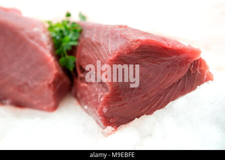Portion of fresh raw tuna on crushed ice displayed at a fish market or supermarket to be served raw in Oriental cuisine in a close up view of the fish Stock Photo