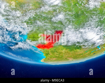 Congo highlighted in red on planet Earth with clouds. 3D illustration. Elements of this image furnished by NASA. Stock Photo