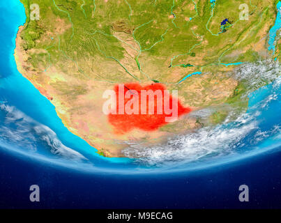 Botswana highlighted in red on planet Earth with clouds. 3D illustration. Elements of this image furnished by NASA. Stock Photo