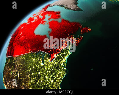 Illustration of Canada as seen from Earth’s orbit in late evening with visible border lines and city lights. 3D illustration. Elements of this image f Stock Photo