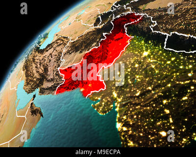 Illustration of Pakistan as seen from Earth’s orbit in late evening with visible border lines and city lights. 3D illustration. Elements of this image Stock Photo