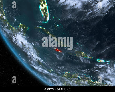 Jamaica at night highlighted in red on planet Earth with clouds. 3D illustration. Elements of this image furnished by NASA. Stock Photo