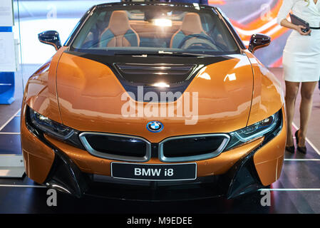 Belgrade, Serbia - March 22, 2018: Plug-in hybrid electric sports car Bmw i8 exhibited on Belgrade car show Stock Photo