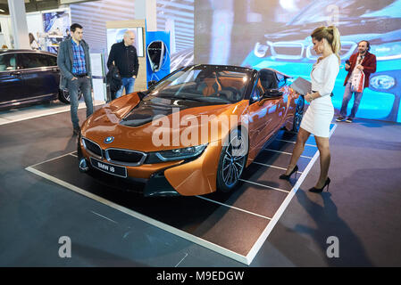Belgrade, Serbia - March 22, 2018: Plug-in hybrid electric sports car Bmw i8 exhibited on Belgrade car show Stock Photo