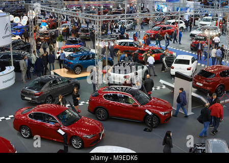 Belgrade, Serbia - March 22, 2018: People looking at cars exhibited on Belgrade car show Stock Photo