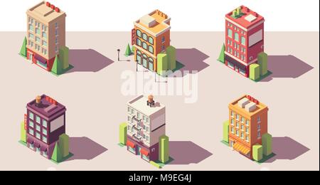 Vector low poly isometric buildings set Stock Vector
