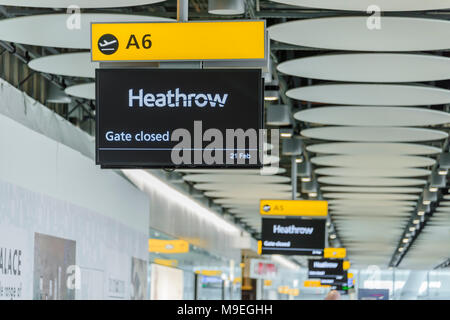 Gate Closed signs at Heathrow Airport, London, England, UK. Stock Photo