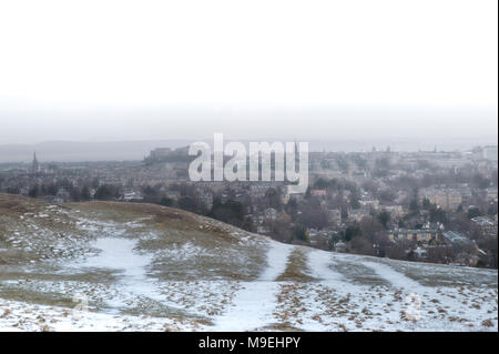 A view from high above Edinburgh in half light with Edinburgh Castle and King Arthur's Seat in the background Stock Photo