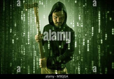 Masked and armed anonymous hacker breaking in cyber security cloud data concept  Stock Photo
