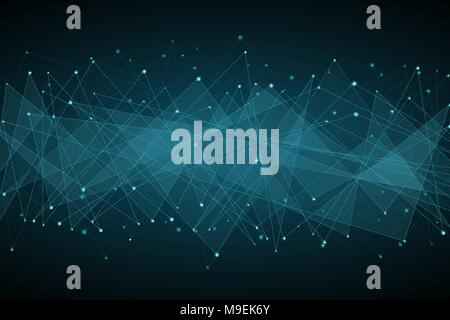 Abstract polygonal background. Blue glowing connected triangles on a dark background. Plexus web. Modern geometric design. Vector illustration. EPS 10 Stock Vector
