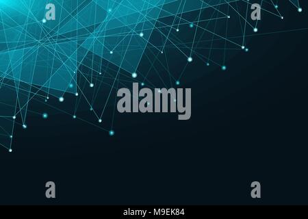 Abstract geometric background. Blue glowing connected triangles on a dark background. Plexus web. View from above. Big data. Modern polygonal design.  Stock Vector