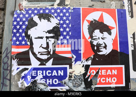 London, UK, 25 Mar 2018. London UK. 25th March 2018. Satirical poster appears in Brick Lane depicting American President Donald Trump North Korean leader Kim Jong-Un Credit: amer ghazzal/Alamy Live News Stock Photo