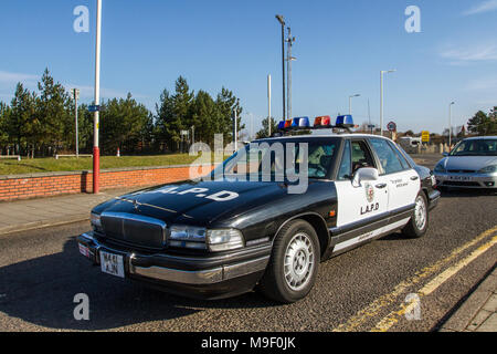1994 90s LAPD American Buick Police Car 3800cc petrol vehicle at the North-West Supercar event as cars and tourists arrive in the coastal resort of Southport.  USA SuperCars are bumper to bumper on the seafront esplanade as 90s classic & usa car enthusiasts enjoy a motoring day out. Stock Photo