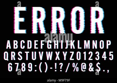 Trendy Distorted Glitch Font Typeface Letters, Numbers and Symbols Vector Illustration Stock Vector