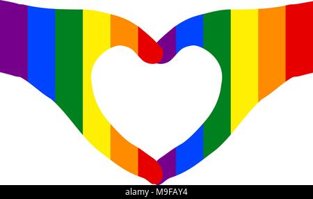 Pair of hands in heart shape (transparent background shown in white) painted with rainbow colors. Vector illustration, EPS10. Stock Vector