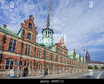 Denmark, Zealand, Copenhagen, view of the Børsen, Royal exchange, the former stock exchange with its distinctive spire, shaped as the tails of four dr Stock Photo