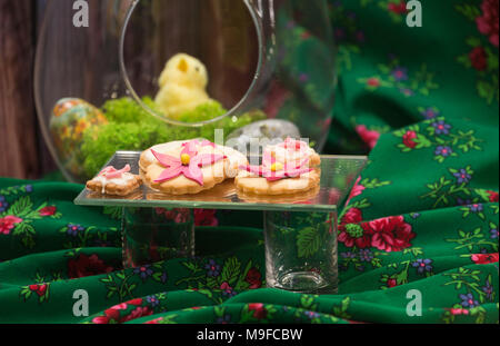 happy easter, festive chicken and sweets Stock Photo