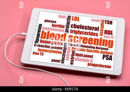 blood screening preventive health concept - word cloud on a digital tablet Stock Photo