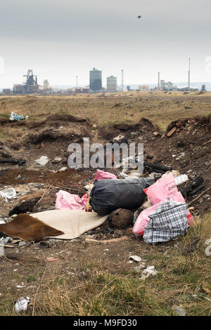Fly tipping on industrial wasteland, South Gare, Redcar, Teesside. UK Stock Photo